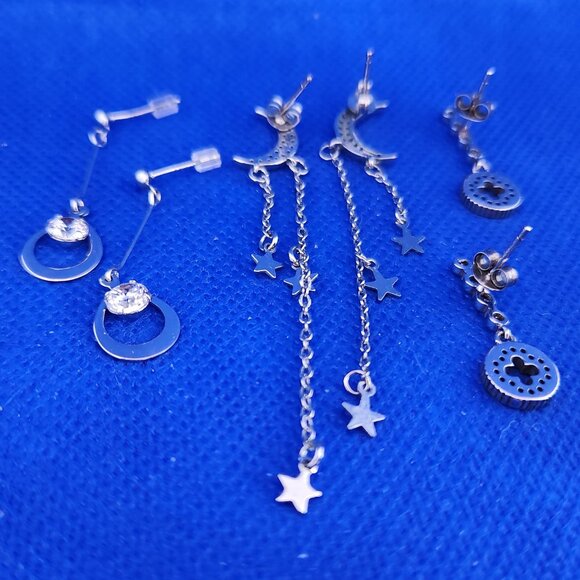 925 SILVER 3 PAIRS DELICATE DANGLE EAR RINGS WITH CZ STONES. - Picture 11 of 16